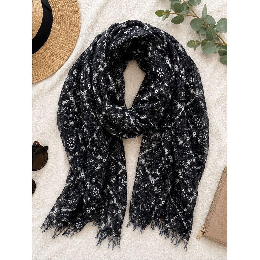 MIR Black Gray Skull Floral Print Cashmere Blend Scarf Wrap Shawl